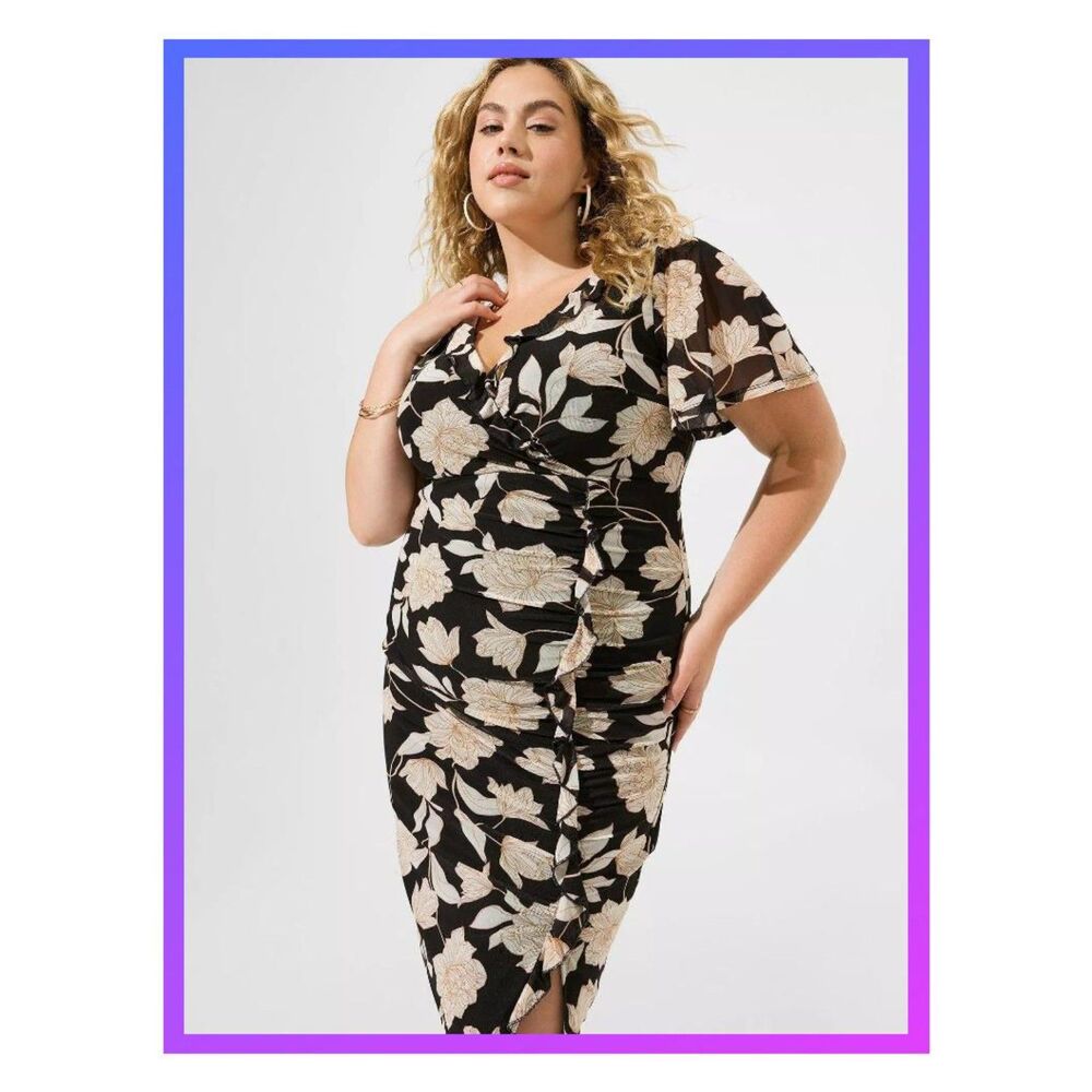 NWT Torrid 2X Black Floral Print Knee Length Mesh Surplice Ruffle Slit Dress